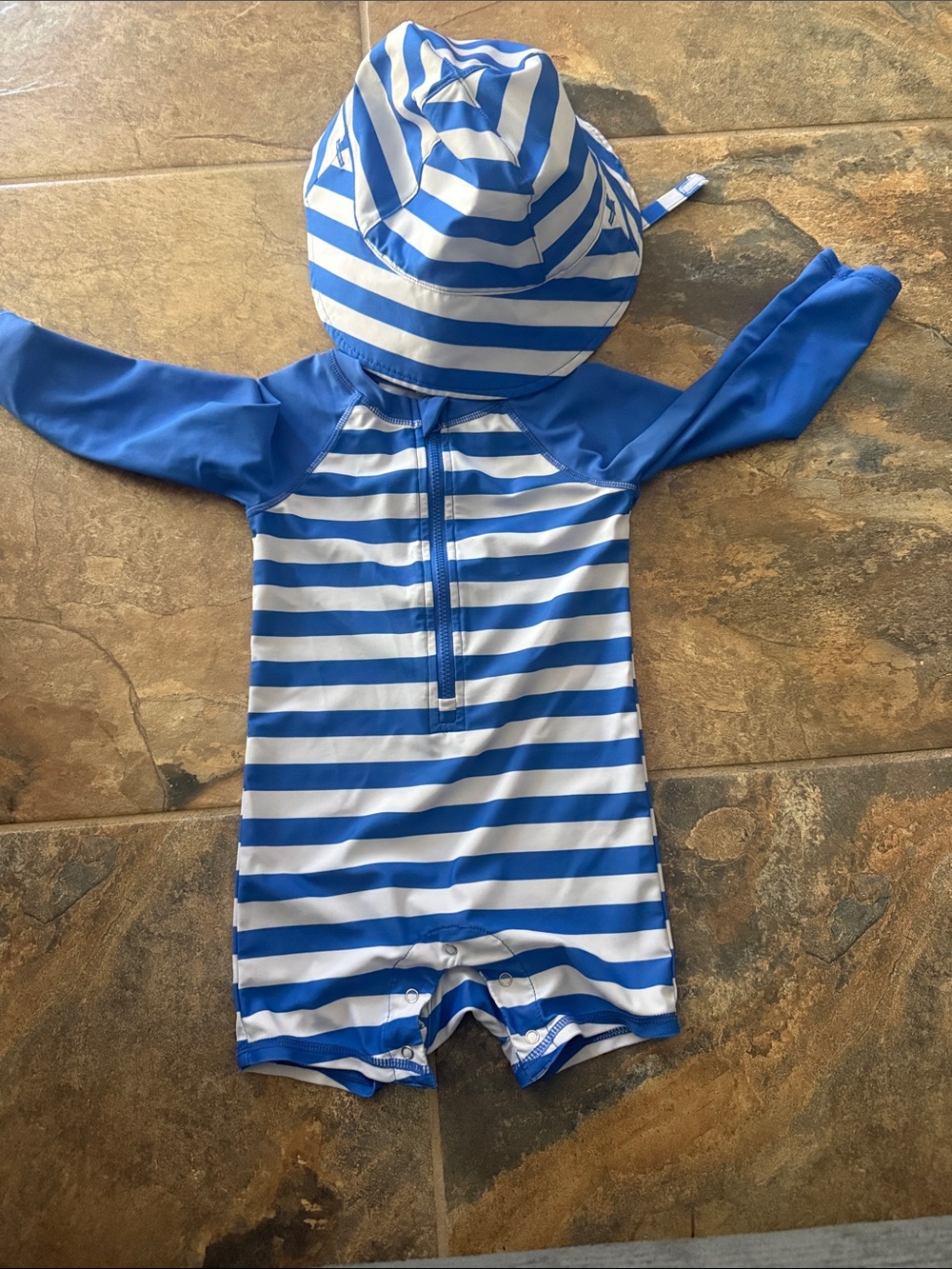 Tucker + Tate Blue and White Striped Kids One-Piece Swim Suit with Hat